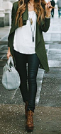 long green jacket, jeans, ankle boots and white shirt.. always casual!