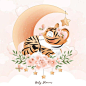 花朵月亮睡觉的小老虎卡通插画矢量图素材