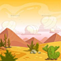 Cartoon desert landscape with cactuses, stone, sand dunes and cloudy sky. Square vector outdoor illustration. Background for game