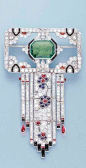 *AN ART DECO EMERALD AND DIAMOND BROOCH The central octagonal emerald within an onyx and diamond surround to the openwork rectangular panel and diamond fringe with cabochon sapphire and ruby floral detail and onyx terminals, circa 1925.: @北坤人素材