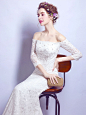 Fabulous Trumpet/Mermaid Off-the-shoulder Lace Sweep Train Beading 3/4 Sleeve Wedding Dresses - dressesofgirl.com