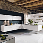 love this kitchen ♥ stone wall + white lacqured cabinets + beams + rustic + modern #kitchen #design