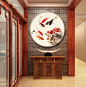 新中式玄关实木框九鱼图圆形装饰挂画沙发背景墙挂画日式油画壁画-淘宝网