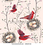 Watercolor seamless pattern with nest, birds and tree twigs. Vector hand drawn spring background. Vintage wallpaper with red birds, splashes and eggs