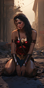 wonder woman kneeling down in a war torn street, in the style of concept art, enigmatic characters, gothic references, aztec art, jessica drossin, vray tracing, rough-edged 2d animation