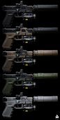 Project Glock - Realtime pistol + attachments, Ranulf Busby | Doku : Realtime Glock model with internals and a variety of attachments.  Authored at 4k, but renders shown using game resolution textures (1024 - 2048 depending on attachment size).