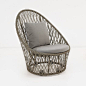 An incredible outdoor relaxing chair made with a stylish open weave and gorgeous attention to detail. Swivel base; Sunbrella cushions, high back; outdoor capable materials.