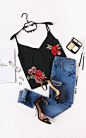 Black Double V Neck Cami Top With Embroidered Patch Season : Summer Color : Black Pattern Type : Plain Neckline : V Neck Material : 100% Polyester Style : Vintage Decoration : Embroidery Size Available : XS,S,M,L