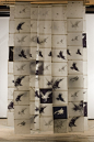 Bird Screen II, Catherine Eaton Skinner, Tibetan Paper/Archival Ink/Encaustic/Thread/Bamboo