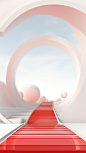 3d rendering of entrance, red staircase and red circle, in the style of 32k uhd, futuristic abstracts, white background, ultra hd, soft and rounded forms, innovative page design, tim etchells