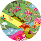 Pink Lady Facebook Game. : I was comissioned to illustrate a facebook game for Pink Lady in France. I drawed an isometric view of a village with 4 zones in it, park, beach, city and a market. 1920x1080 pixels en JPG 72 dpi.