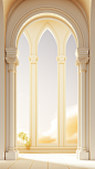 interior room with an archway and a large window, in the style of light white and light gold, lee broom, colorized, trompe-l'œil illusionistic detail, incisioni series, light yellow, thomas cole