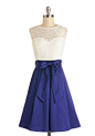 Nuanced Narrator Dress - Sheer, Woven, Mid-length, Blue, White, Lace, Belted, Special Occasion, Twofer, Sleeveless, Better, Pleats