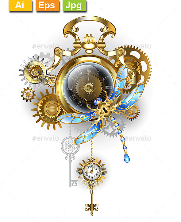 蒸汽朋克时钟与机械蜻蜓装饰符号装饰Ste...