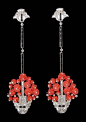 Platinum diamond,onyx and coral flower basket earrings.