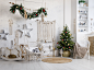 现代室内设计房间用圣诞和新年的装饰品、玩具、礼物、冷杉树挂秋千