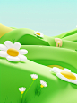 3d green field with green hills and daisies, in the style of neo-geo minimalism, cute cartoonish designs, minimalist still lifes, ultra hd, resin, close up, minimalistic landscapes