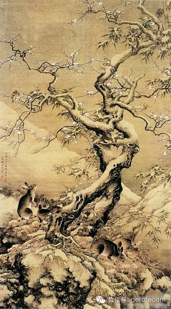 清
沈铨《雪中游兔图》图中画两株老梅，梅...