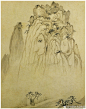  清 石涛 《黄山图册》① 】册页（共二十一开），纸本设色，34.5×20.8cm×21，北京故宫博物院藏。画黄山各处风景，虽无标题，但从景物可知何处，如莲花峰、蒲团松等。画家以水墨和设色去描绘黄山的姿态，从意象写生去观察表现心中黄山的美。用笔构图，显得漫不经意，皴法用笔，或长或短，不拘一格，灵活多变，取景构图则贴近于生活原形，目之所遇，随手拈来，笔随心转，不求完美