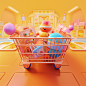 shopping cart, gift box, books, basketball, snacks, pencil, balloon, GamePad, C4D, clay materials, front view