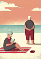 【意大利插画家Davide Bonazzi 的“Day Trippers”系列插画欣赏】
—— 当我们老了，也要常去我们喜爱的大海，看时光渐渐流逝，等霞光将海面染红。
