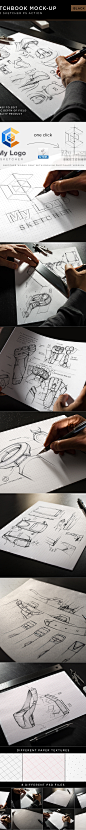 Sketchbook Mock-Up / Black Edition : Easy to place your designs using smart objects, double-click the Smart Layer, copy & paste your artwork, save and you’re done! Bonus: Photoshop action converts your logo to a real sketch. (Please note that logo mus