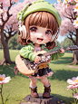 (masterpiece),(best quality),(ultra-detailed), (full body:1.2), 1girl,chibi,cute, smile, open mouth, flower, outdoors, playing guitar, music, beret, holding guitar, jacket, blush, tree, :3, shirt, short hair, cherry blossoms, green headwear, blurry, brown