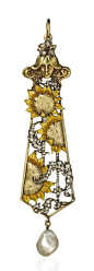 Lalique 1896 Pendant of open elongated form beneath a maiden's head motif surmount and set with enamelled sunflower motifs and diamond set fronds within a yellow gold frame suspending a natural pearl drop. Exhibited by Hancocks London:
