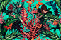 Beautiful vintage seamless floral jungle background : Beautiful vintage seamless floral jungle pattern background. Colorful watercolor tropical flowers, palm leaves and plants, butterflies, bird of paradise flower.