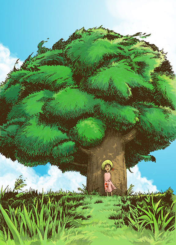 五福  的插画 大树下有个戴草帽的小女孩...