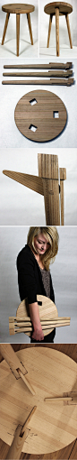 瑞典设计师karin ekwall设计的这张åsta凳子，是一把完全依靠榫卯，不用胶水就能组装拆卸，而且还能保证一定牢固度的凳子，这样巧妙的设计还是第一次见到。via：http://t.cn/zO2CXwc