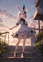 00293-2337269171-((masterpiece,best quality)),1girl, solo, animal ears, rabbit, barefoot, knees up, dress, sitting, rabbit ears, short sleeves, l_看图王