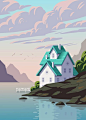 Lake house - A gallery-quality illustration art print by Andrey Sharonov for sale.