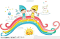 快乐童年插画－彩虹上梦幻小女孩和小男孩