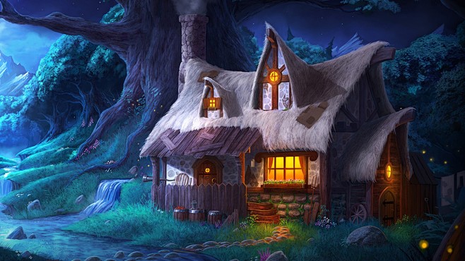 森林，山，大树，晚上，房子，灯，精美游戏...