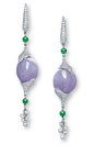 CHRISTIE'S - A PAIR OF JADEITE AND DIAMOND EAR PENDANTS.  Each suspending a freeform jadeite pendant of rich lavender colour and very good translucency, terminated at both ends with pavé-set diamond caps, enhanced by diamond tassels and green jadeite bead