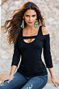 So Sexy™ Cold Shoulder Keyhole Top : Elevate your favorite So Sexy knit collection with this cold shoulder top detailed with an eye-catching keyhole cutout and three-quarter sleeves. Cotton/spandex Imported Machi