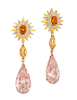 MadStone one-of-a-kind Aphrodite earrings in a sunburst design made of mandarin garnet surrounded by white diamonds, yellow and pink sapphires. The drops are marquise-cut imperial topaz and pear-shaped morganite.