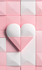 3d heartshaped white tile wall with pink and white, in the style of cubist abstractions, minimal retouching, symmetrical asymmetry, opaque resin panels, industrial and product design, ceramic, emotive color