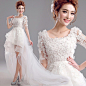蕾丝花瓣中长袖前短后长韩式新娘婚纱礼服2015新款8129