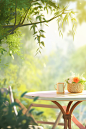 a empty table beside the trees, in the style of minimalist backgrounds, soft, romantic scenes, 32k uhd, chinese cultural themes, contest winner, outdoor scenes, sunny impressionism