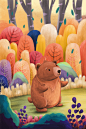 森女系童话小动物小熊故事场景绘画插画手绘分层PSD素材：