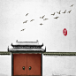 中式建筑古门飞鸟古风水墨画中式中国风古风插画