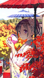 ✮ ANIME ART ✮ anime. . .kimono. . .kanzashi. . .flowers. . .umbrella. . .autumn leaves. . .cute. . .kawaii