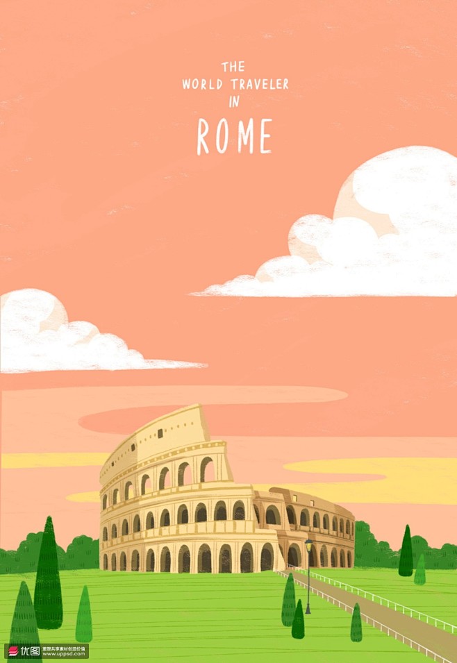 罗马世界旅游地标彩色手绘风景建筑插画 风...