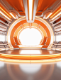 In the style of minimalist stage designs, metallic rotation, in the style of silver and orange, A vibrant stage, Science and technology sense space, light orange and white, electronic media, furaffinity, Futurism, high quality, UHD, 8k