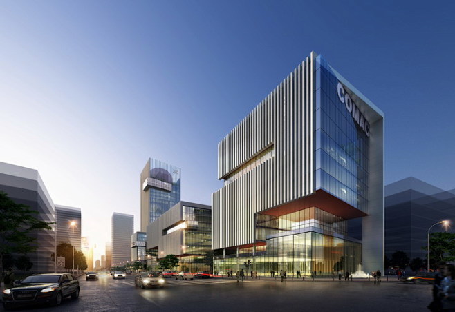建筑效果图建筑表现公建商业夜景黄昏办公楼商业广场效果图模型建筑
