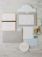 Herringbone, greige, gold, and blue custom invitation suite | SIMPLESONG design, Molly Jacques, Abby Jiu