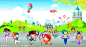 小学生校园 体操 气球 风车 青山 卡通人 插画 幼儿园 少儿运动