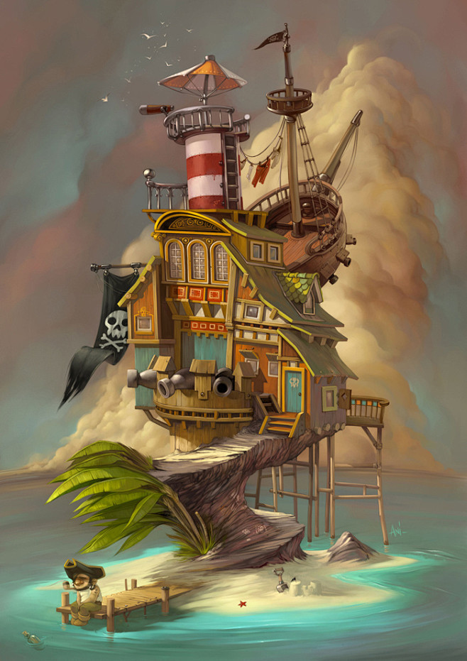 海盗船长的家，来自法国插画师Mathie...